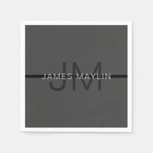 Stylish Masculine Dark Grey Name & Monogram Napkin