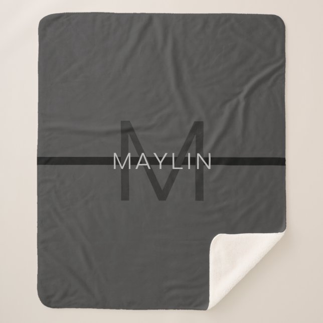 Stylish Masculine Dark Grey Name & Monogram  Sherpa Blanket (Front)