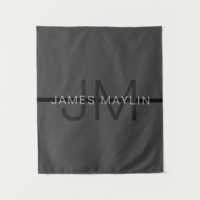 Stylish Masculine Dark Grey Name & Monogram  Tapestry (Front)