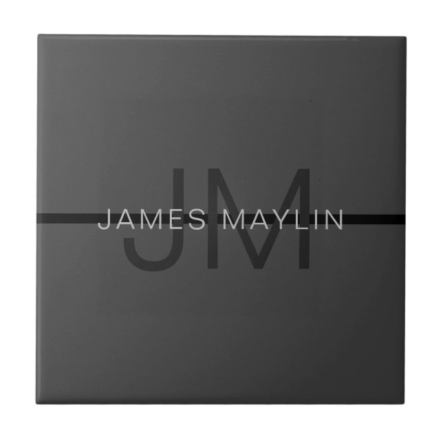 Stylish Masculine Dark Grey Name & Monogram  Tile (Front)