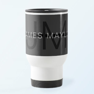 Stylish Masculine Dark Grey Name & Monogram Travel Mug