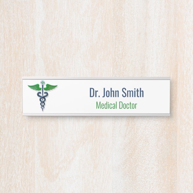 Stylish Medical Blue Caduceus Green Wings Cross Door Sign (Front)