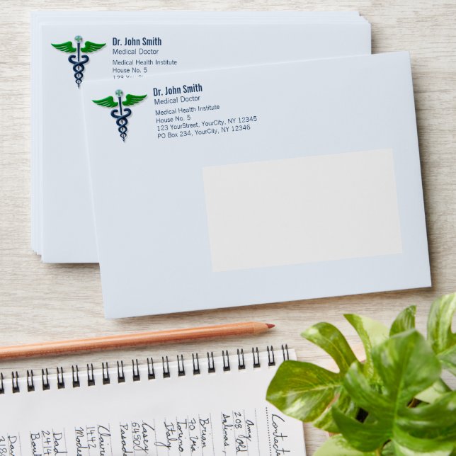 Stylish Medical Caduceus Green Wings Blue Cross Envelope (Stacked)