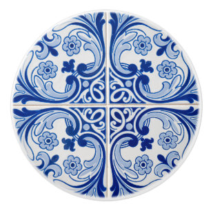 Stylish Mediterranean Blue and White Tile Look Ceramic Knob