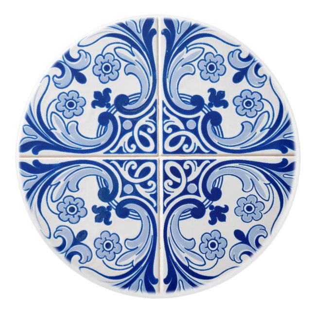 Stylish Mediterranean Blue and White Tile Look Ceramic Knob (Front)