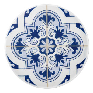 Stylish Mediterranean Blue & White Tile  Ceramic Knob