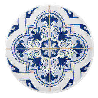 Stylish Mediterranean Blue & White Tile Ceramic Knob