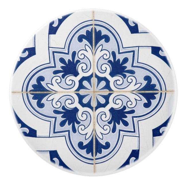 Stylish Mediterranean Blue & White Tile  Ceramic Knob (Front)