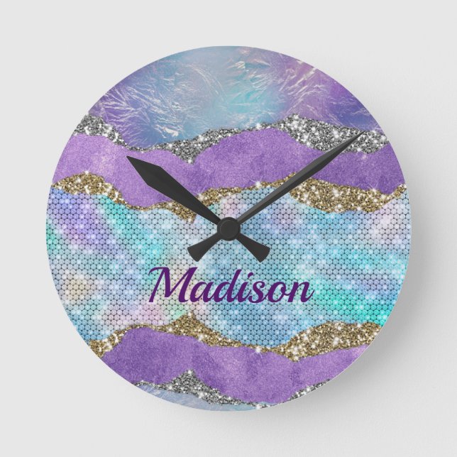 Stylish mermaid glittery Purple turquoise monogram Round Clock (Front)
