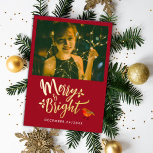 Stylish Merry And Bright Red Christmas Robin Photo Foil Holiday Card