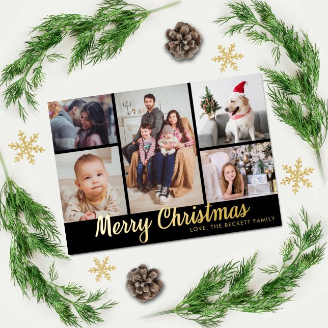 Stylish Merry Christmas 5 Photo Collage Real Foil Holiday Postcard (Creator Uploaded)