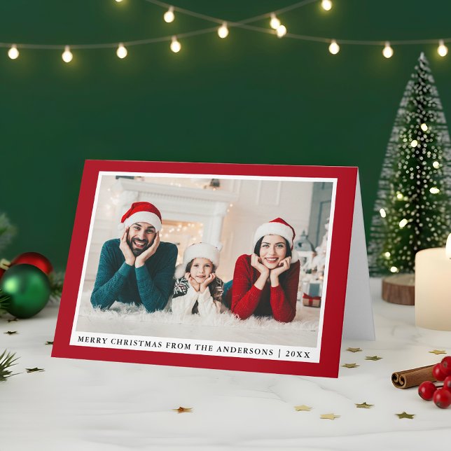 Stylish Merry Christmas Photo Red Folded Holiday Card (Customize to change text size or text style.)