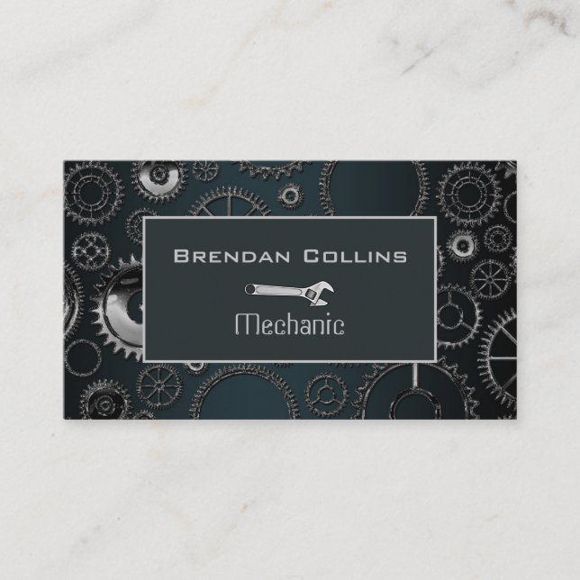 Stylish Metal Gears Spanner Mechanics Business Card (Front)
