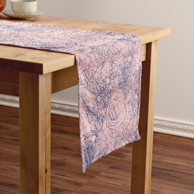 Stylish Metallic Navy Blue and Pink Floral Design Short Table Runner (In Situ)
