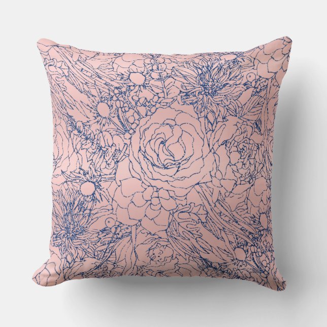 Stylish Metallic Navy Blue and Pink Floral Design Throw Pillow (Front)