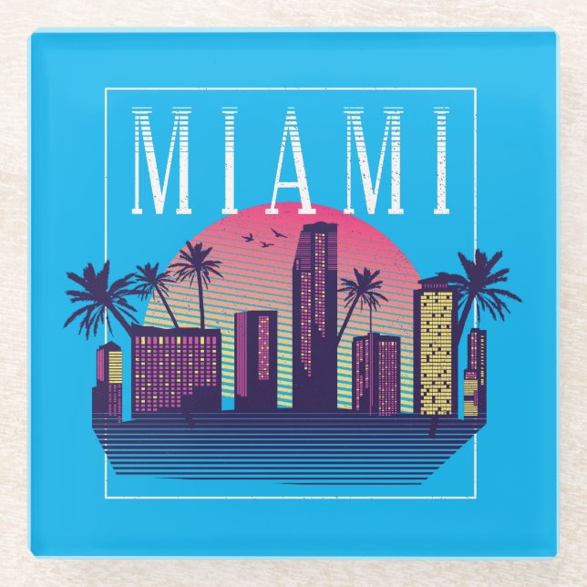 Stylish Miami Florida Retro City Logo Glass Coaster (Front)