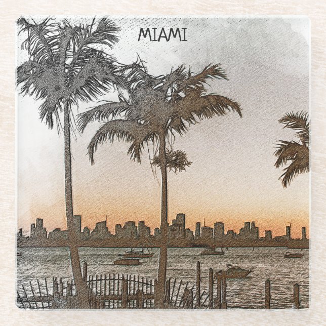 Stylish Miami Florida Vintage Skyline Glass Coaster (Front)