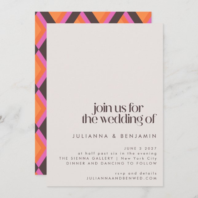 Stylish Mid Century Mod Pink Brown Wedding  Invitation (Front/Back)