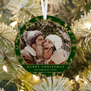 Stylish Minimal Green Gold Christmas Couple Photo Metal Ornament