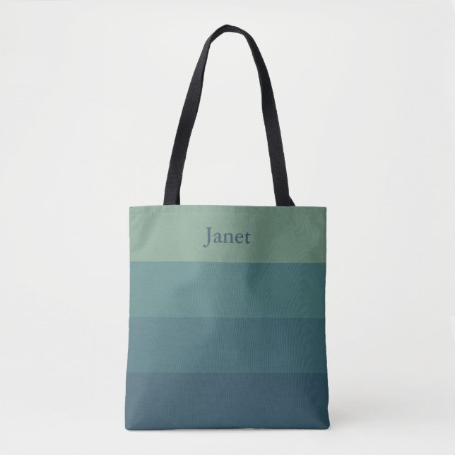 Stylish Minimal Green Ombre Stripes Monogram Name Tote Bag (Front)