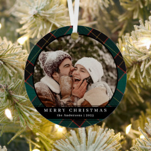 Stylish Minimal Green Plaid Christmas Couple Photo Metal Ornament