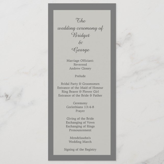 stylish minimal grey wedding program & menu (Back)