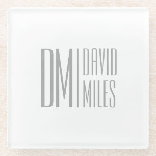 Stylish Minimal & Modern Grey Initials & Name Logo Glass Coaster