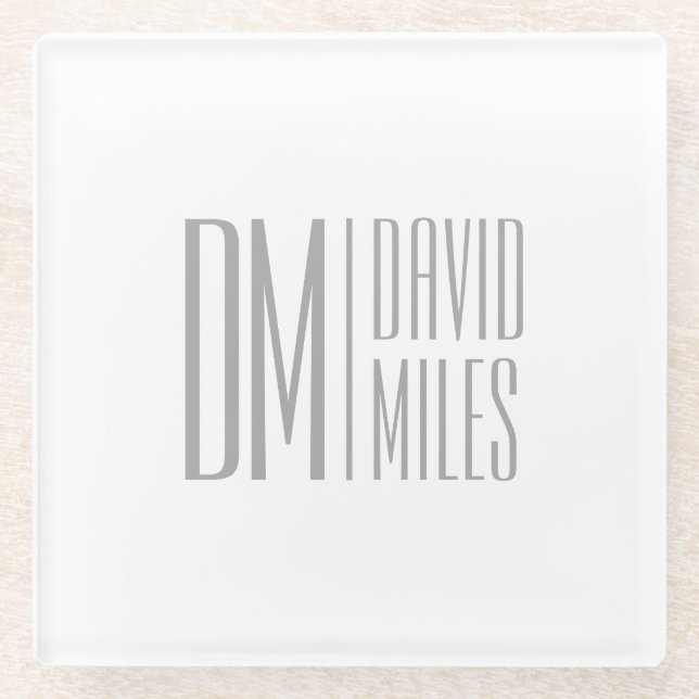 Stylish Minimal & Modern Grey Initials & Name Logo Glass Coaster (Front)