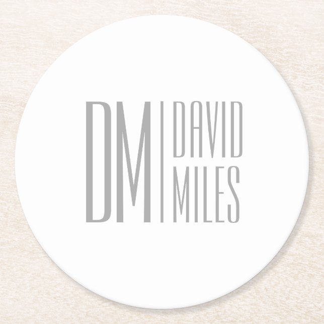Stylish Minimal & Modern Grey Initials & Name Logo Round Paper Coaster (Front)