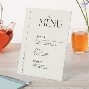 Stylish minimal old money black wedding menu   pedestal sign