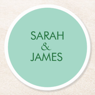 STYLISH MINIMAL PERSONALIZED NAME LIGHT TEAL WEDDI ROUND PAPER COASTER