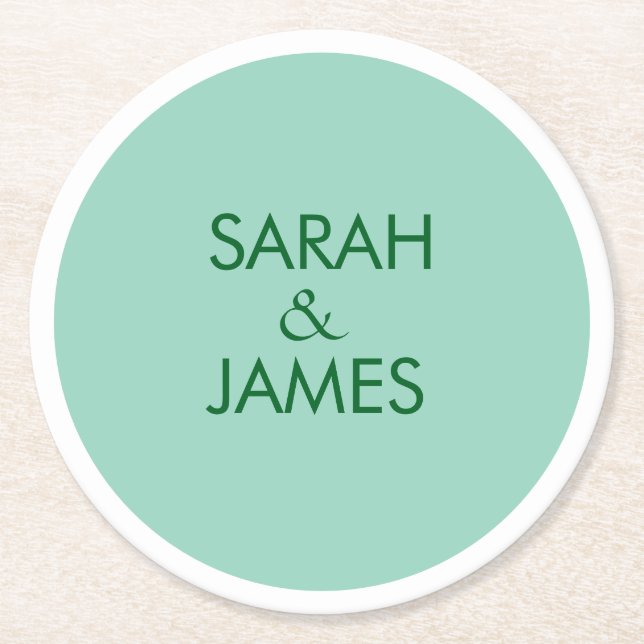 STYLISH MINIMAL PERSONALIZED NAME LIGHT TEAL WEDDI ROUND PAPER COASTER (Front)