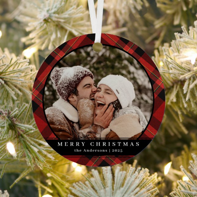Stylish Minimal Red Plaid Christmas Couple Photo Metal Ornament (Insitu)