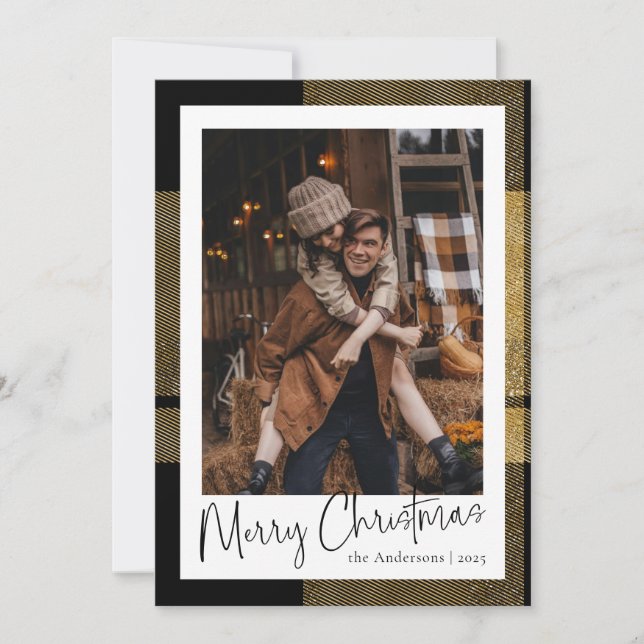 Stylish Minimal Script Gold Plaid Christmas Photo Holiday Card (Front)
