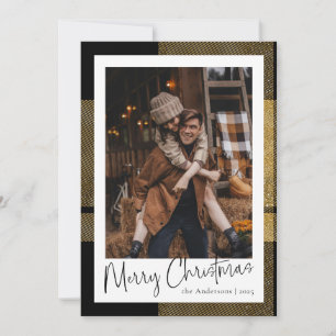 Stylish Minimal Script Gold Plaid Christmas Photo Holiday Card