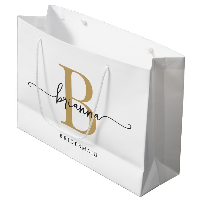 Stylish Minimal White Gold Monogram Girly Script Large Gift Bag (Front Angled)