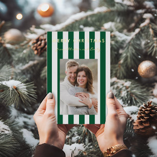 Stylish Minimalist Emerald Green Striped Photo Foil Holiday Card