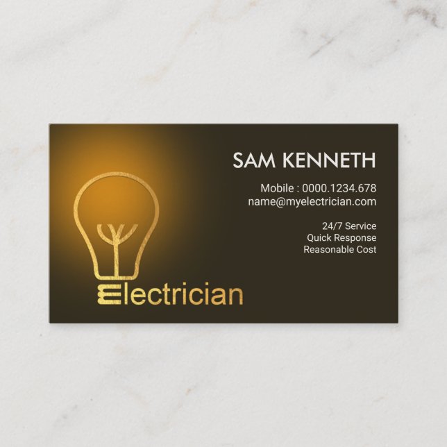 Stylish Minimalist Gold Bulb Electrician Business Card (Front)