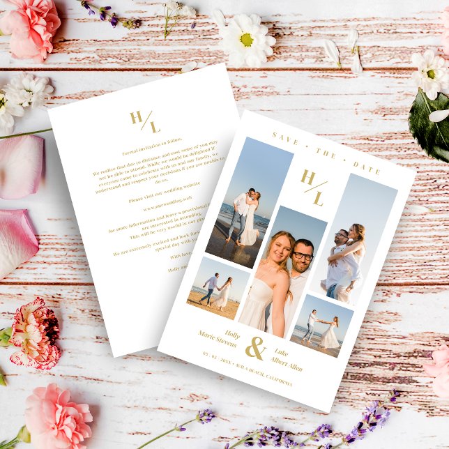 Stylish Minimalist Initials Collage 5 photos Save The Date (Stylish Minimalist Initials Original White Collage Wedding 5 Multi Photos Save the Date Card.)