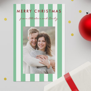 Stylish Minimalist Light Green Striped Photo  Holiday Card