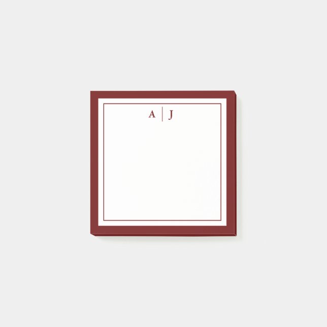 Stylish Minimalist Maroon Red Two Border Monogram Post-it Notes (Front)