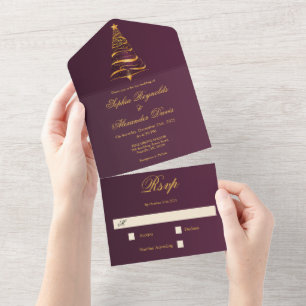 Stylish Minimalistic Golden Christmas Tree Wedding All In One Invitation