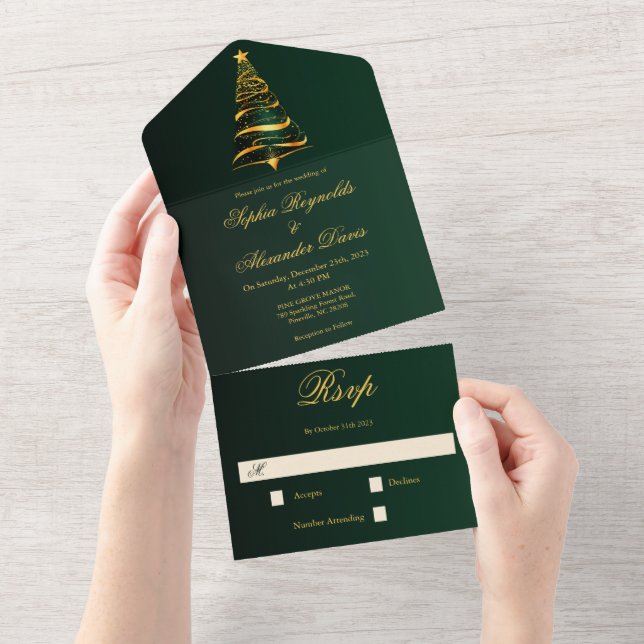 Stylish Minimalistic Golden Christmas Tree Wedding All In One Invitation (Tearaway)
