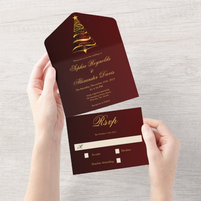Stylish Minimalistic Golden Christmas Tree Wedding All In One Invitation (Tearaway)