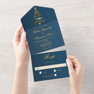 Stylish Minimalistic Golden Christmas Tree Wedding All In One Invitation