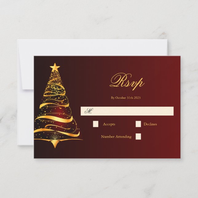 Stylish Minimalistic Golden Christmas Tree Wedding RSVP Card (Front)
