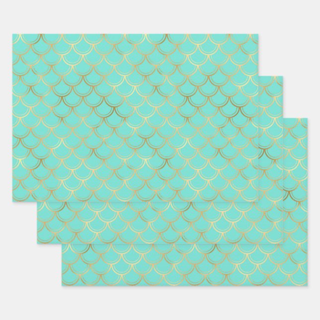 Stylish Mint and Gold Mermaid Wrapping Paper Sheet (Set)