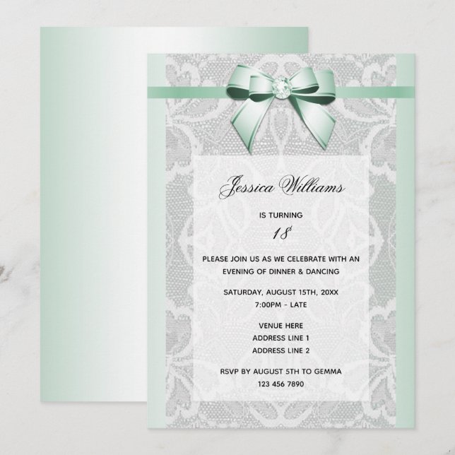 Stylish Mint Bow & Lace Birthday Invitation (Front/Back)