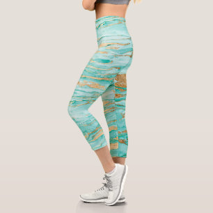 Stylish Mint Gold Abstract Marble Liquid Paint Capri Leggings