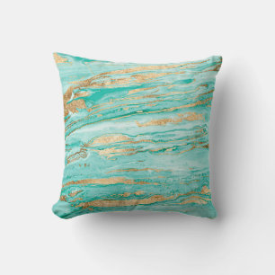 Stylish Mint & Gold Abstract Marbleized Paint Throw Pillow